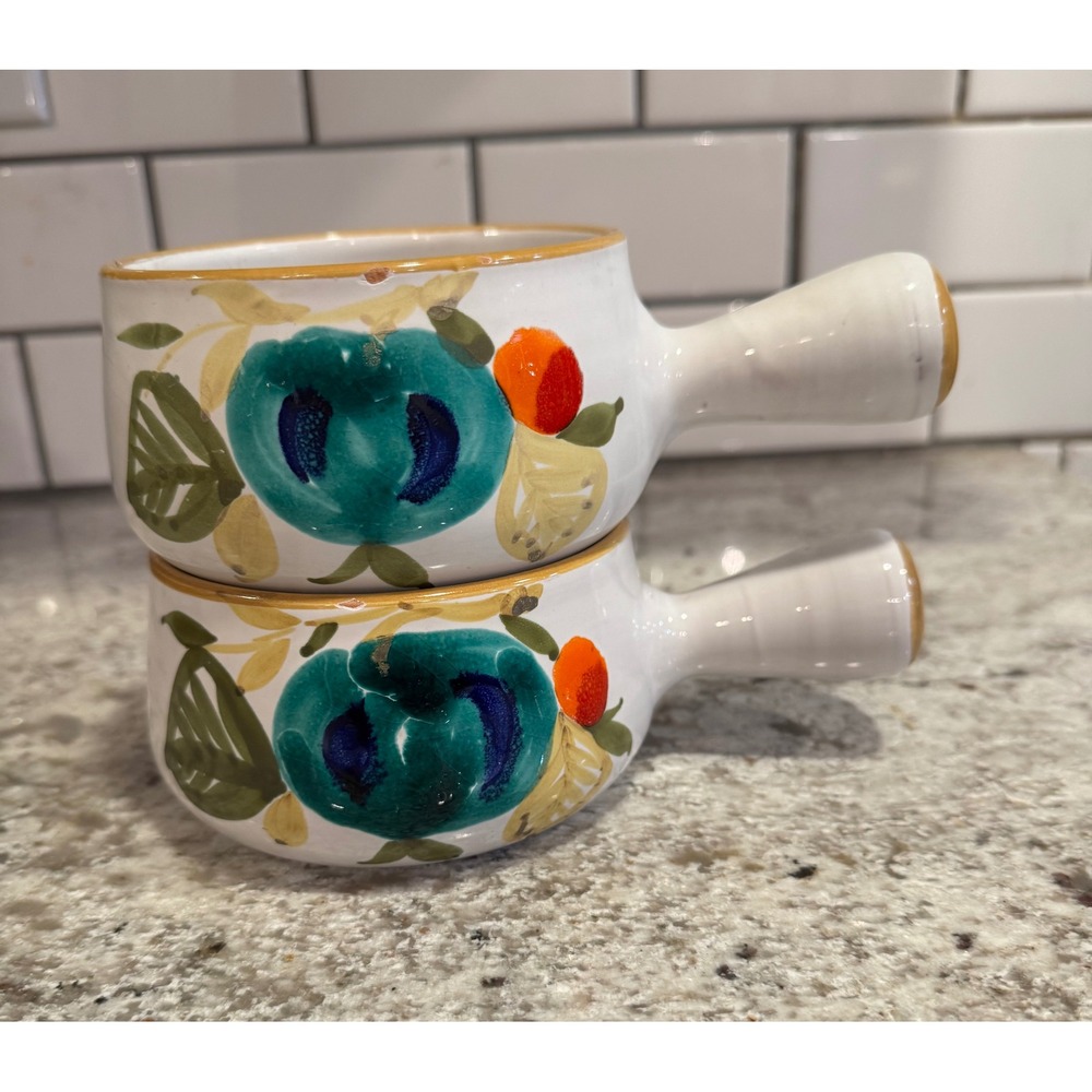 Vintage Hand Painted Italian Pottery Fruit Soup Bowls with Handles Set of 2